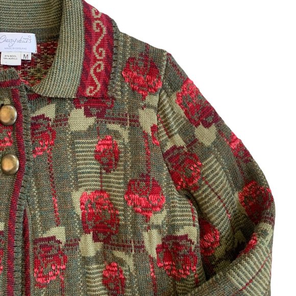 Vintage Cherry Lewis Floral Chunky Knit Wool Sweater Cardigan - Picture 3 of 7